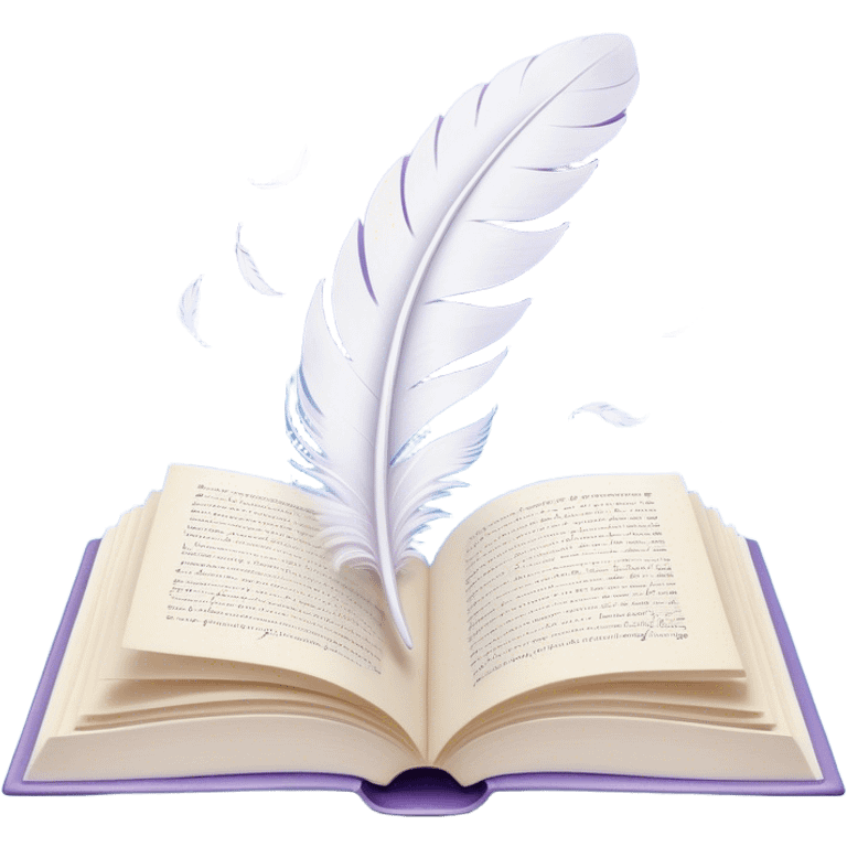 Create a delicate and poetic emoji representing poetry. The design should feature several elegantly flying pages with poetic lines written on them. The pages should appear light and flowing, almost as if being carried by the wind. Include a white feather gently resting on the pages, symbolizing creativity and inspiration. Use soft, pastel tones like light blues, purples, and creams to give it a dreamy, artistic feel. The design should feel ethereal and whimsical, capturing the essence of poetry. Make the background transparent. emoji