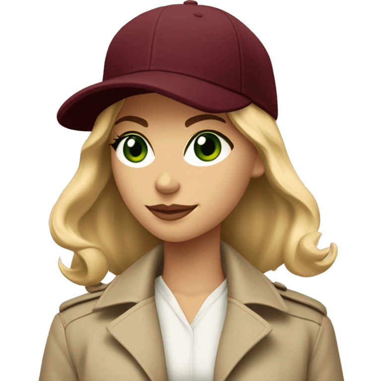 Blonde girl with green eyes in beige trench coat and burgundy baseball cap written Paris on it  emoji