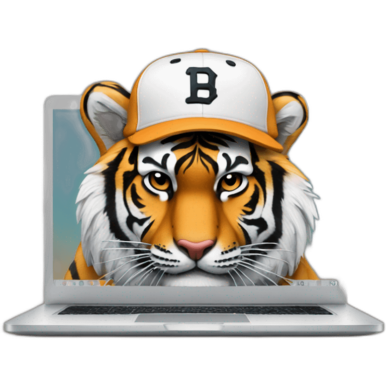 tiger wearing a baseball hat behind a laptop emoji