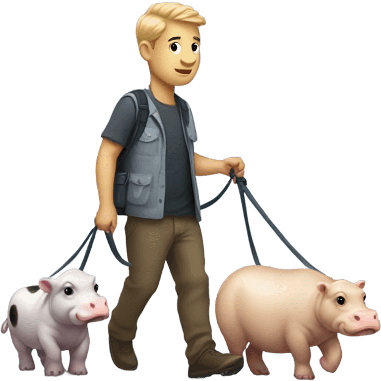 Man walking a bunch of moo dangs the Pygmy hippo by leash emoji