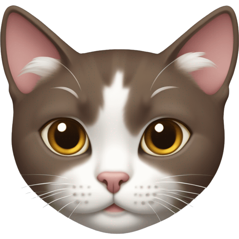 A Korean shorthair cat, maroon-colored fur, diamond-shaped white fur from the bridge of the nose to the mouth, white fur on the limbs and chest. emoji