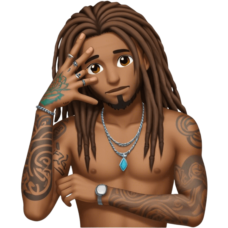 brownskin male with brown long dreads covering his eyes and tattoos on his left arm emoji