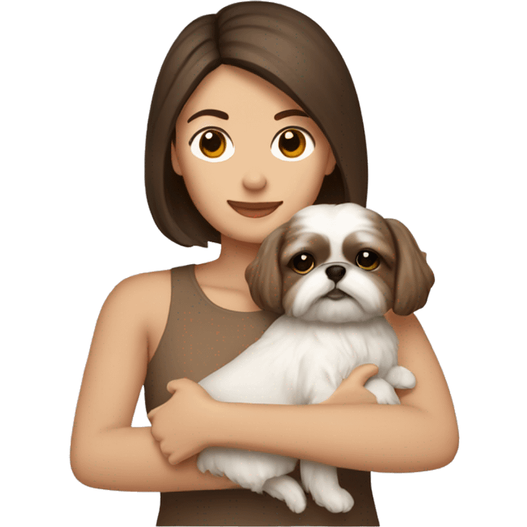 Brunette holding all beige shih tzu in her arms emoji