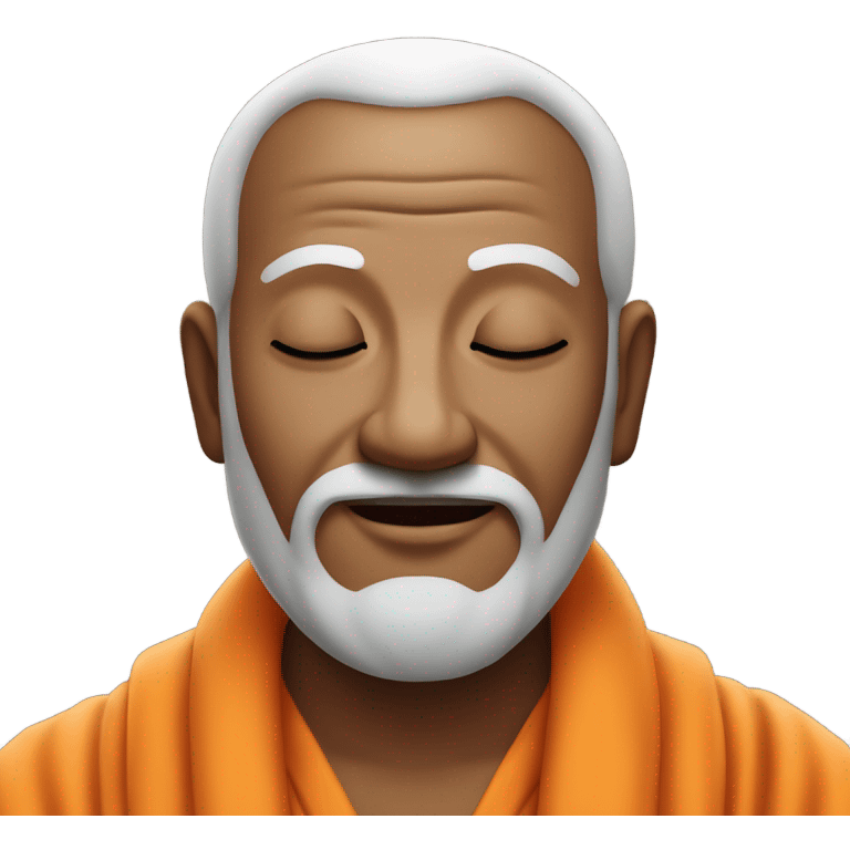 an old yogi with a peaceful and meditative expression. The character should be wearing an orange robe, symbolizing traditional yogic attire. The yogi can be sitting in a lotus position with closed eyes, a gentle smile, and a serene aura. emoji