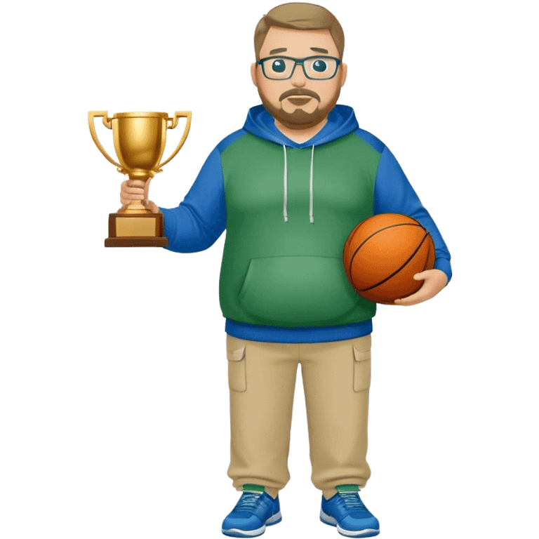  full body white obese male basketball coach with trophy. Goatee , Wearing glasses and blue and green hoodie and khaki pants emoji