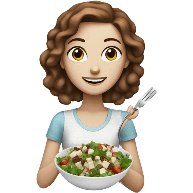 White girl with freackles Brown hair blue eyes eating Tofu salad with fork emoji