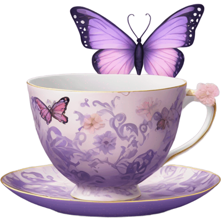 A delicate butterfly with pastel pink wings, resting on the edge of a purple porcelain teacup adorned with intricate violet floral patterns. emoji