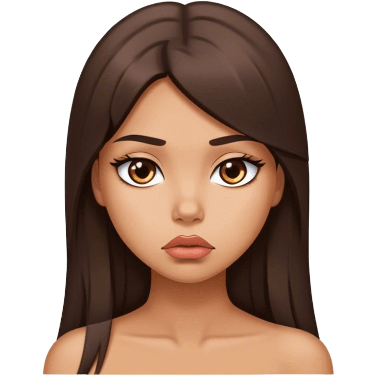 Sexy tanned beautiful sad girl with pouty lips and brunette straight long hair emoji