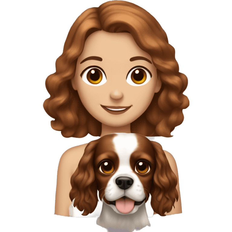 white girl , brown medium hair, with happy king charles spaniel  emoji