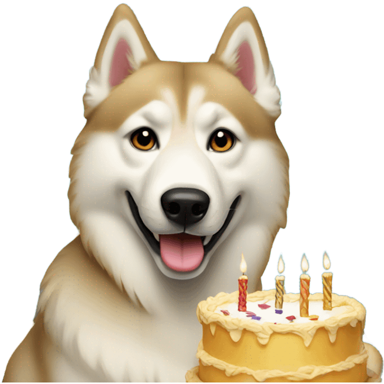 Golden beige husky with a hat and birthday cake emoji