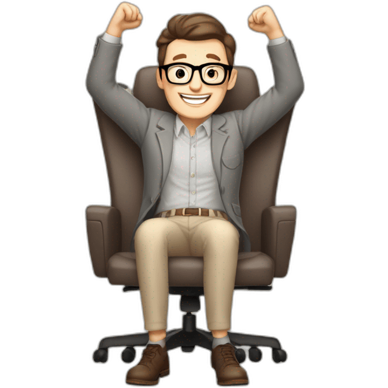 Joyful Celebrating victory Hands up Pale skinned Fit Man With dark brown hair in gray jacket, beige office shirt, Brown pants and vintage glasses sitting In a soft chair emoji