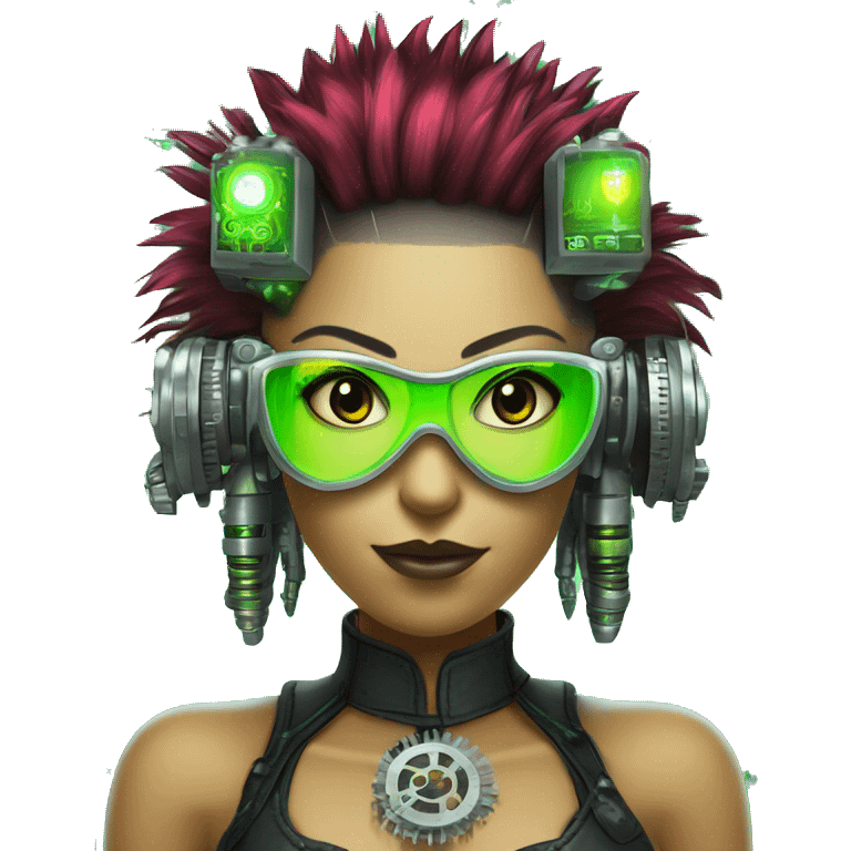 Neon green Mohawk hair Latina female cyborg head with silver steampunk goggles and circuits emoji