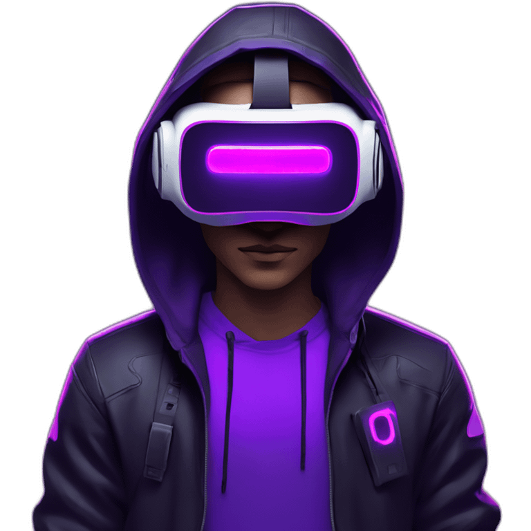 Cyberpunk style. Violet neon. man with white skin in the black hoody with violet OMG VR logo on it wearing vr headset oculus quest 2 emoji