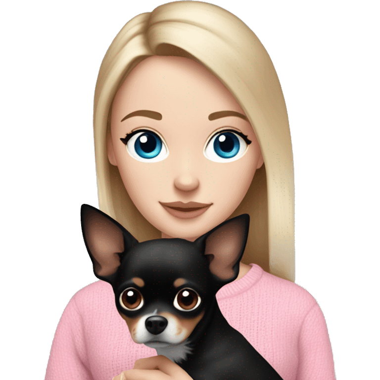 Pretty blue eyed white girl with brunette hair in a pink sweater holding a black chihuahua  emoji