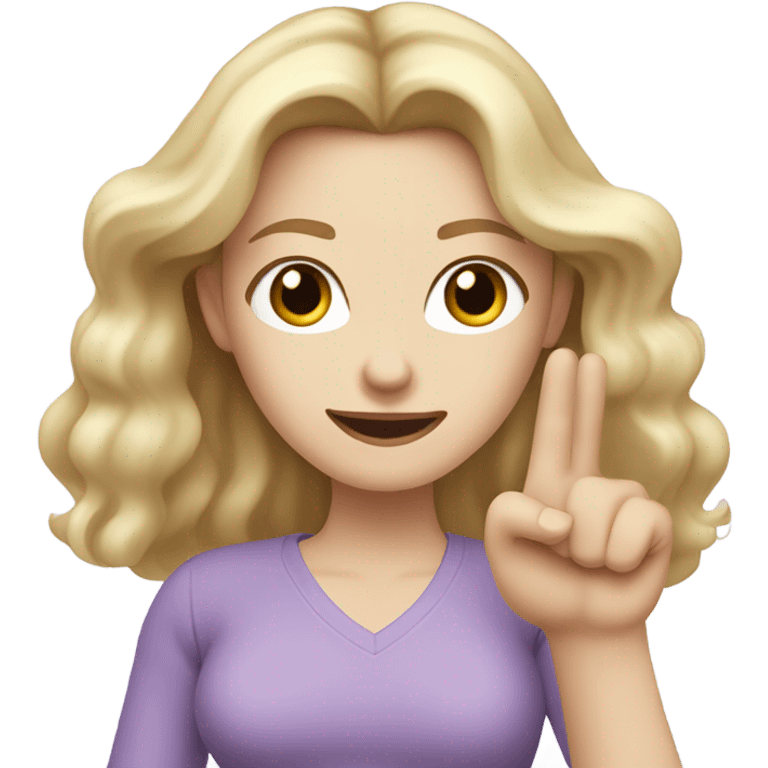 Woman, white skin, pale skin, long hair, blonde hair, wavy hair, lavender top, finger guns emoji