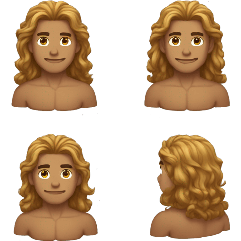 man with long curly golden hair, medium dark skin, eyes of the same hair color and cat eyes, shirtless and muscular, simple twitch type emoji emoji