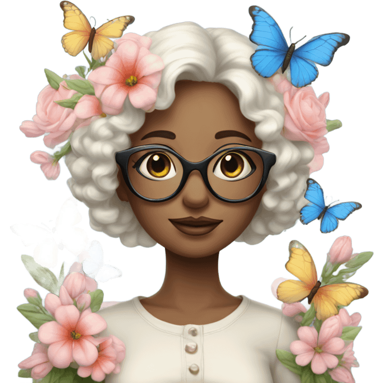 Gorgeous pastel lady with flowers and butterflies with blue eyes and glasses  emoji