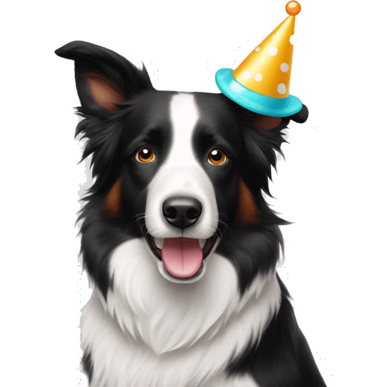 A freckled black and white Border Collie wearing a party hat.  emoji