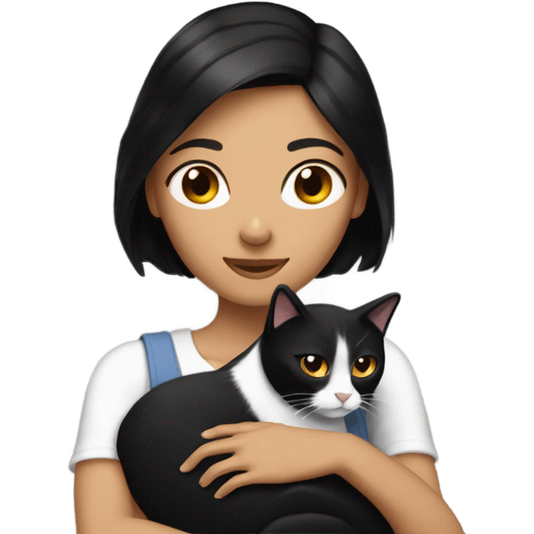  Tanned woman with black hair hugging a black and white cat  emoji