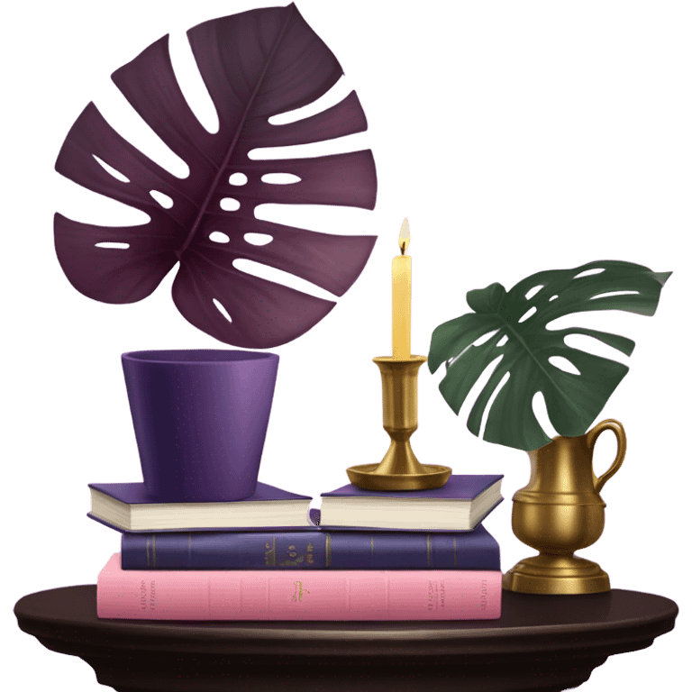 An elegant still life featuring a stack of light and dark violet books, a pink monstera plant, and a brass candle holder. emoji