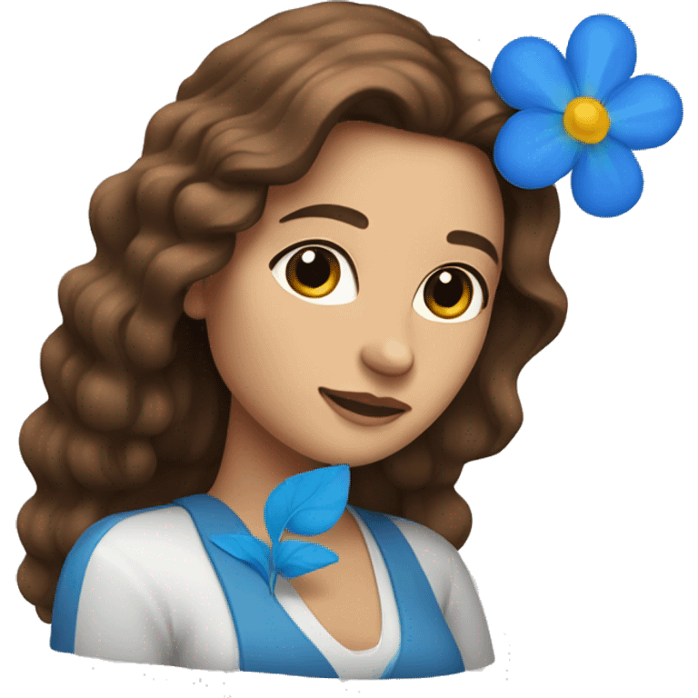 Long brown haired woman with a blue flower on hair emoji