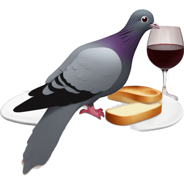 Pigeon with a PSG football club haa red wine glass and lying on a ham and butter baguette sandwich emoji