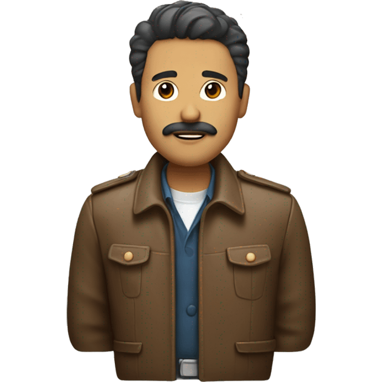 Brown jacket with small mustache and staight hair white handbadge emoji