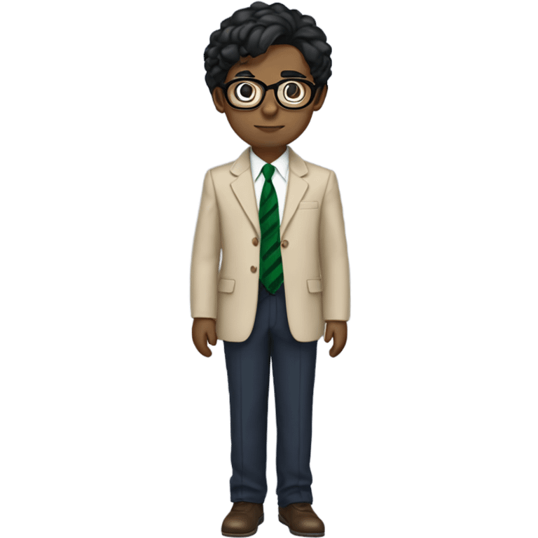 Hair: Messy, medium-length black hair covering the ears and forehead. Outfit: A formal school uniform featuring a white shirt with an open collar, a green striped tie, a navy sweater underneath, and a beige blazer on top. Skin color white. Glasses emoji