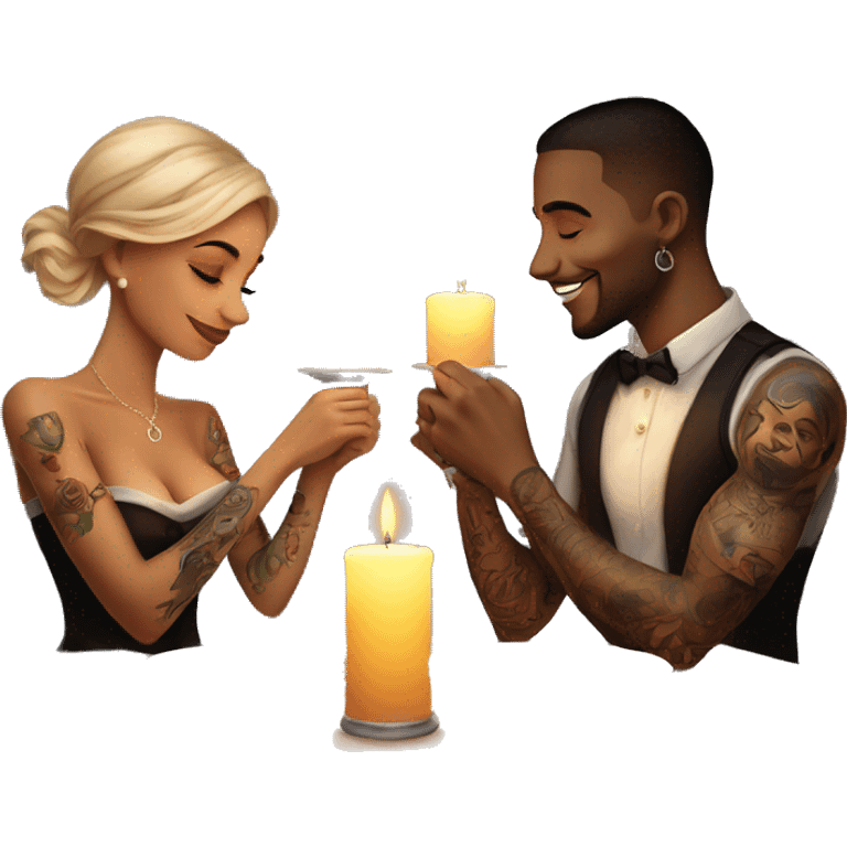 romantic candle light dinner for beautiful tattooed couple emoji