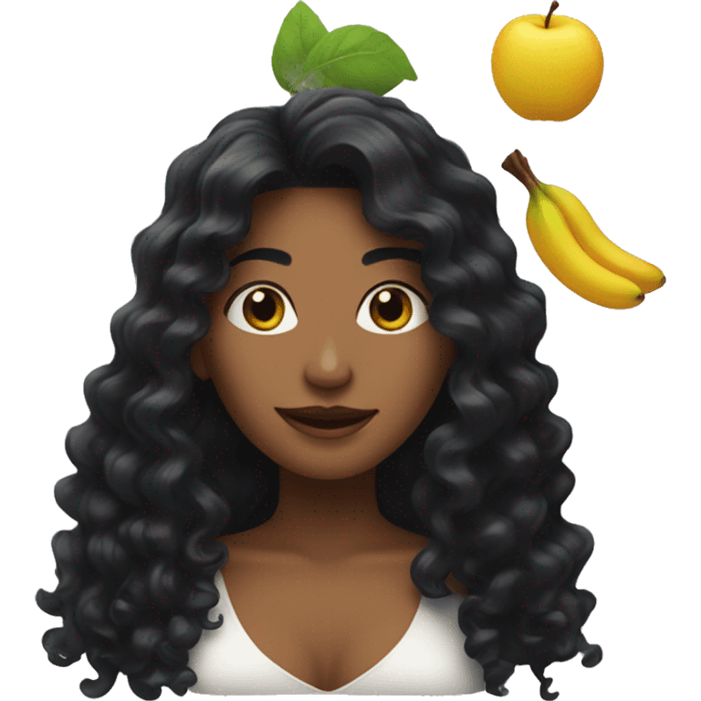 woman with long black curly hair holding fruits emoji