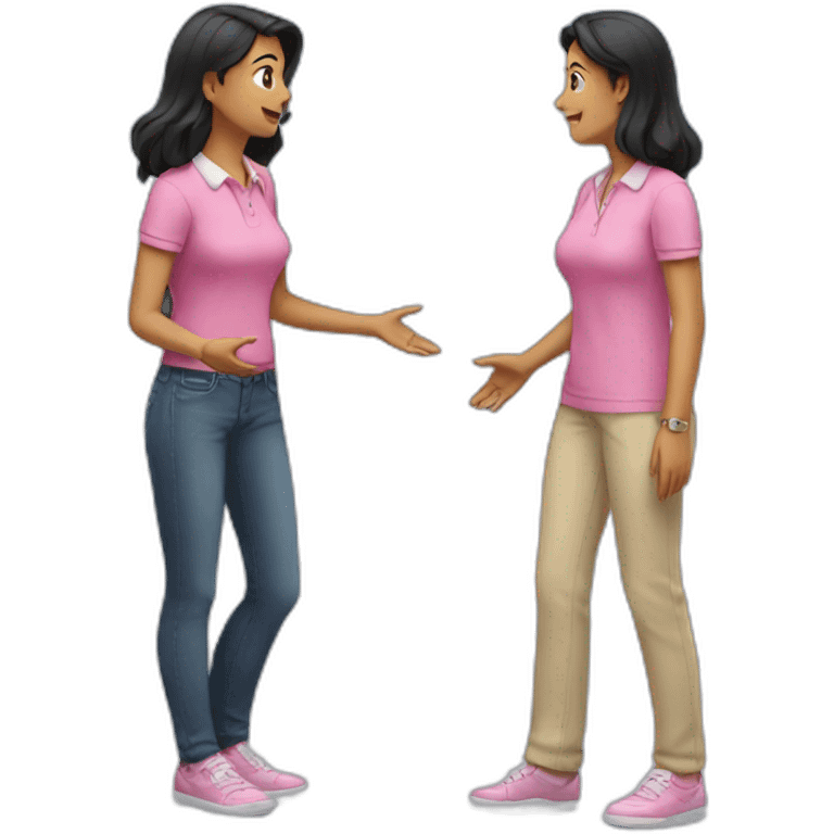 2 women standing talking, an older one receiving advice from a younger one with black long hair and pink polo shirt emoji