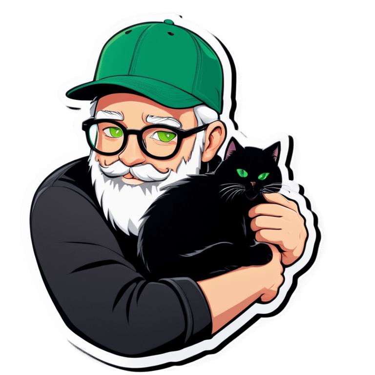 A bold man with a grey baseball cap, green eyes, big beard and glasses hugging a black cat emoji