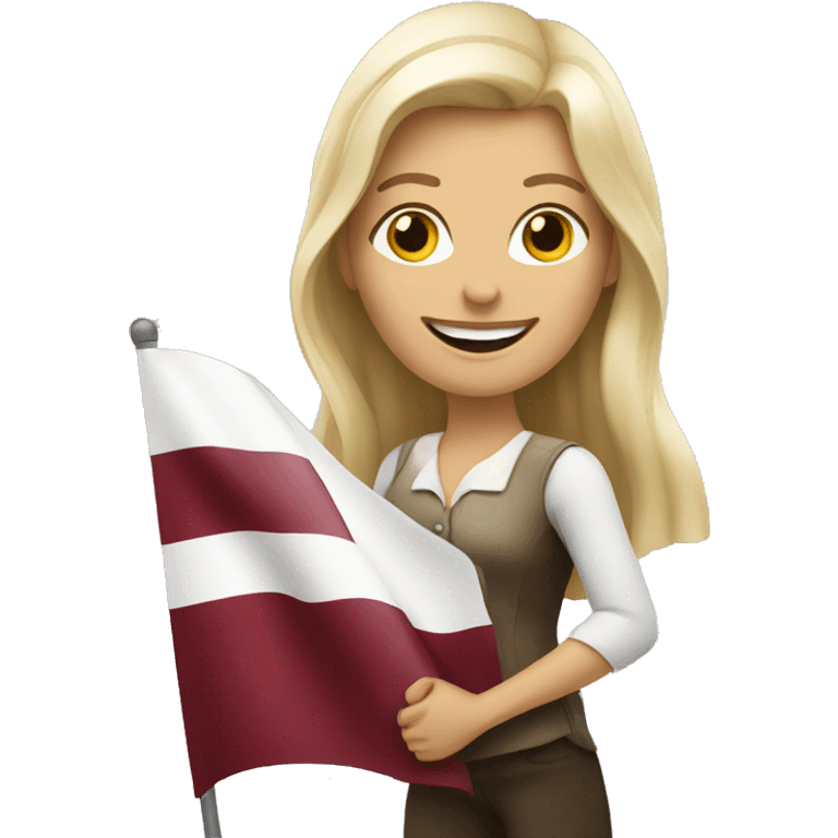 Happy blonde woman with a small flag of Latvia emoji