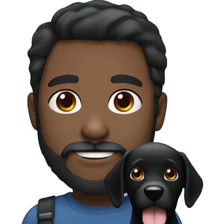 beard man black hair blue eyes face holding black Labrador  emoji