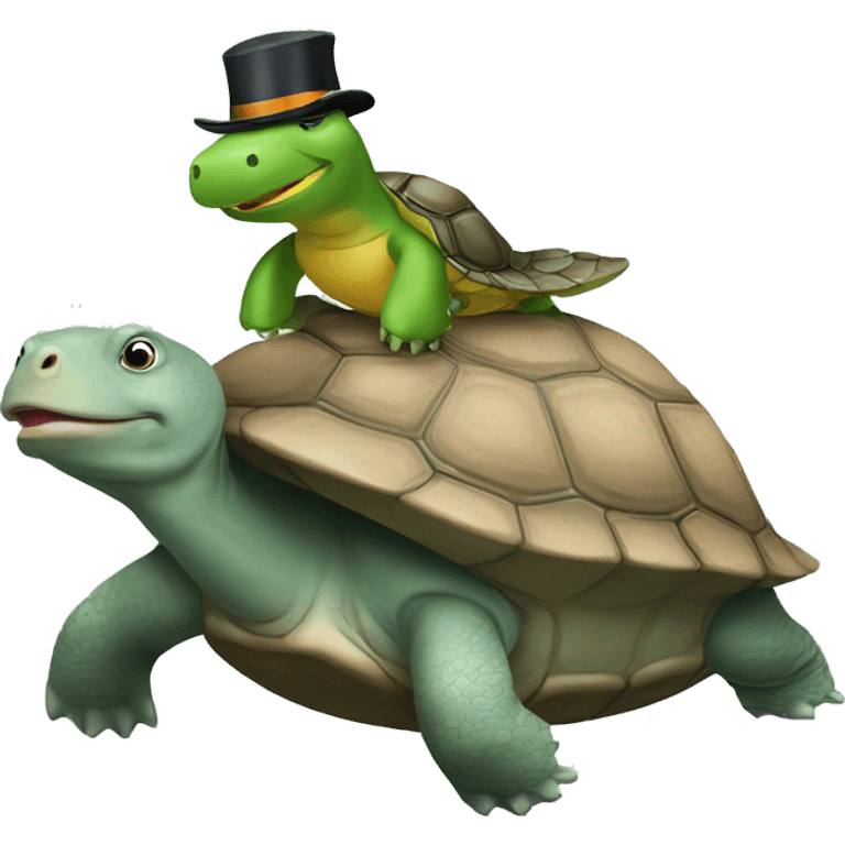 À turtle riding a hippo with a hat behind a peinguin emoji