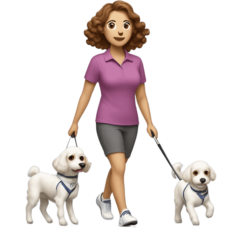 Mom with brown hair in golf clothes walking two little white cavapoos emoji