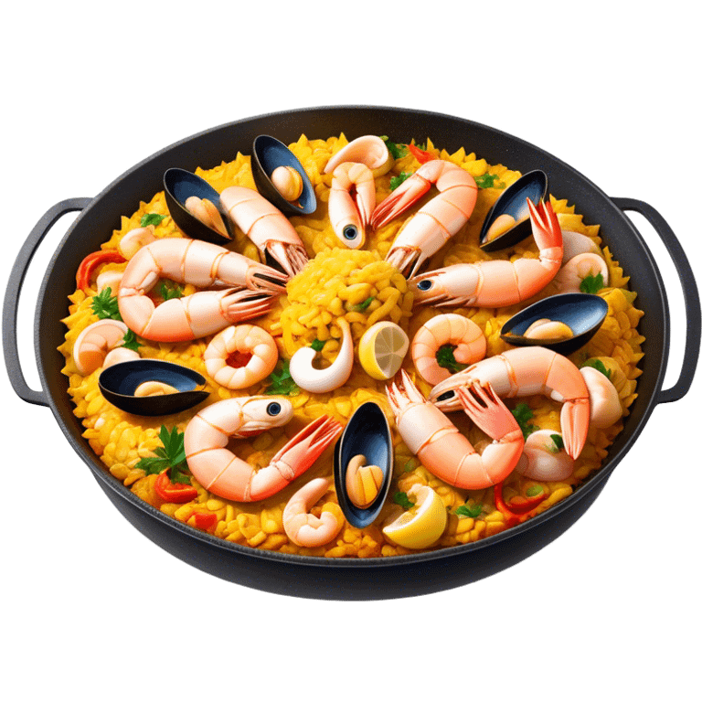 Cinematic Realistic Paella Dish Emoji, depicted as a vibrant, aromatic rice dish loaded with seafood, chicken, and saffron rendered with rich textures and dynamic, warm lighting. emoji