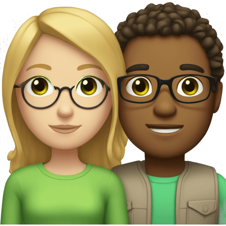 white ginger girl with straight hair and green eyes is with a mexican brunette boy with curly hair, green eyes, and glasses emoji