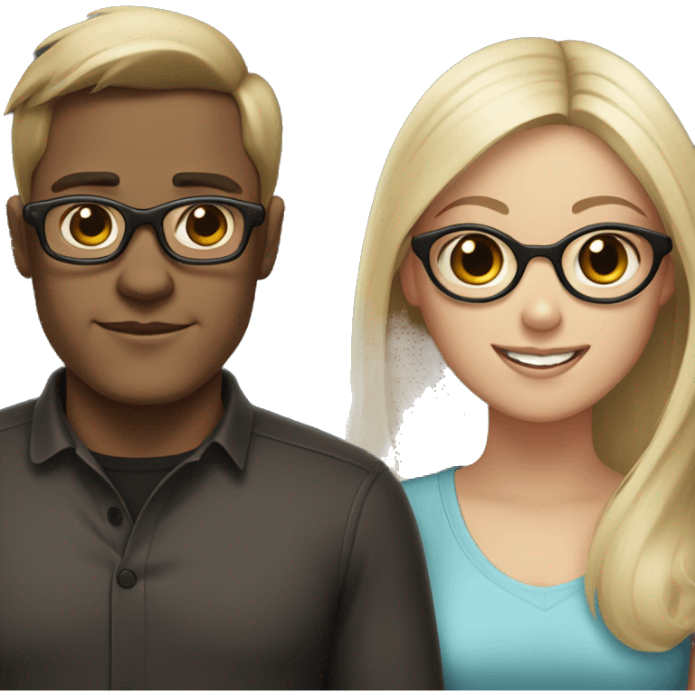 A dark brown haired man with glasses, a girl with very light brown-almost blond hair and a black pug emoji