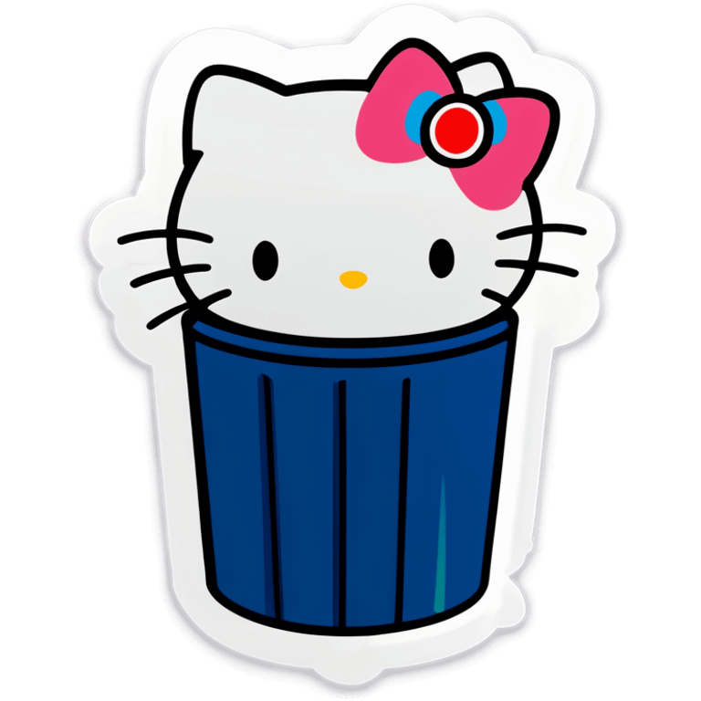 A trash bin that says on text GOODBYEEEE with hello Kitty in it emoji