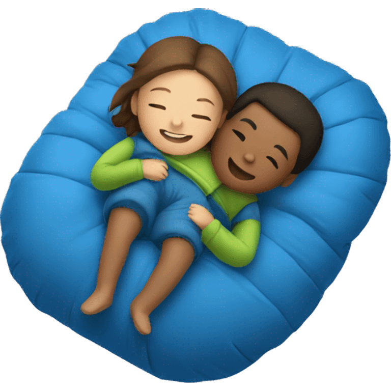 a girl and a boy cuddling in a single sleeping bag together  emoji