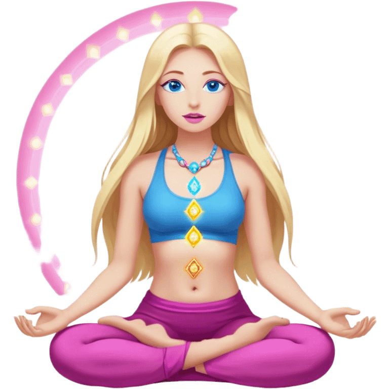 Cinematic realistic blonde with long hair, blue eyes and pink lips meditates, her chakras glow emoji