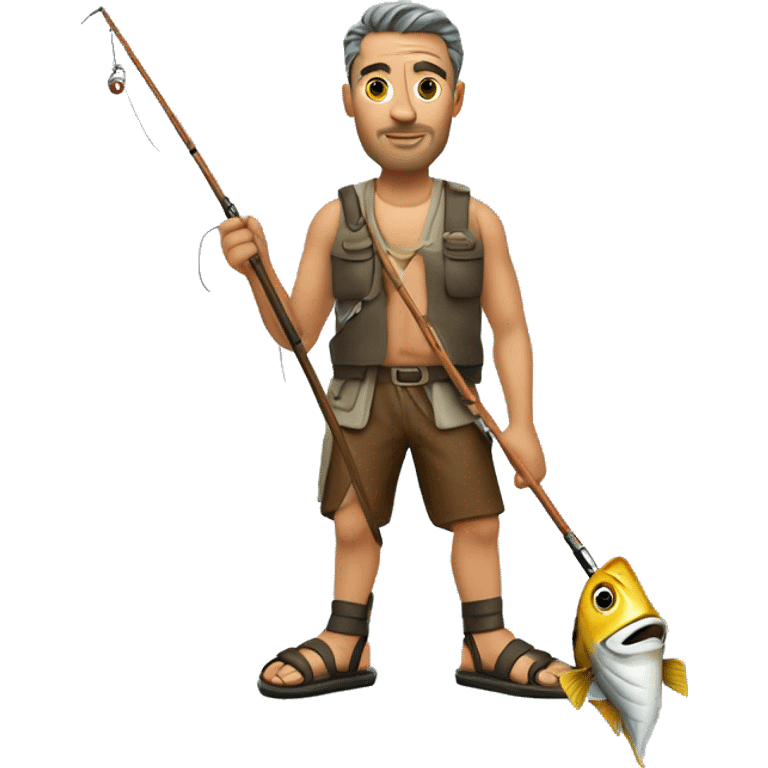 real cool stoic looking man holding a fishing rod in his hand wearing custom made leather sandals on his feet emoji