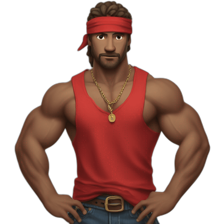 muscular man in red bandana standing sideways turns his head to face the viewer,his hand is bent in the elbow,torso emoji