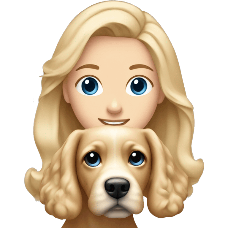 Blond girl blue eyes with a beige cockapoo dog in ground if her emoji