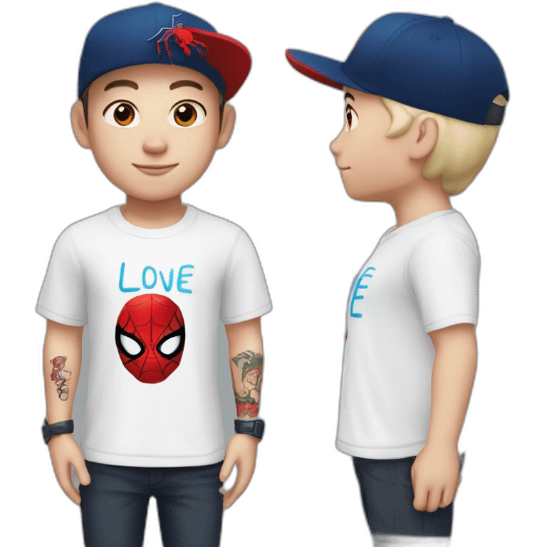 white-skinned boy, with a spiderman t-shirt, a tattoo on his neck that says love in Chinese, who has a black cap with a redbull logo, and with a ring in his eyebrow emoji