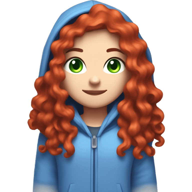 a white girl with long red curly hair, wearing periwinkle Minecraft hoodie playing a videogame emoji