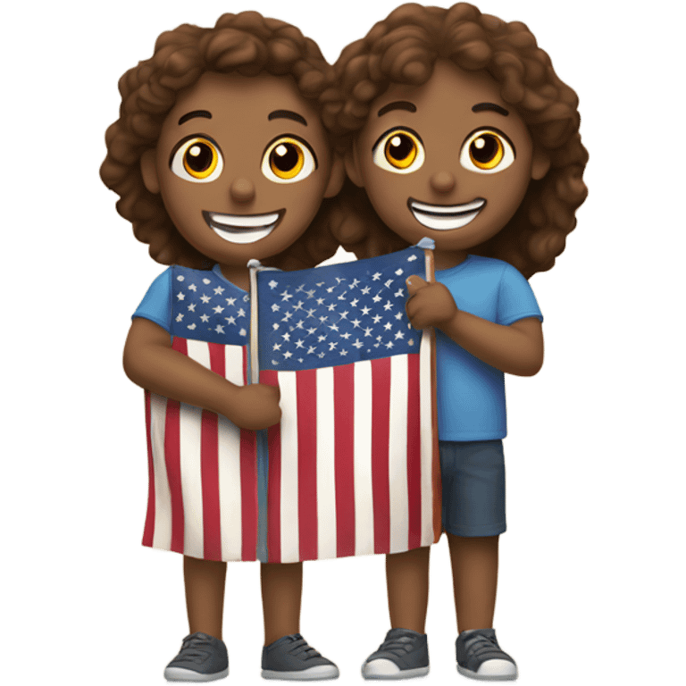 smiling friends indoors together holding an American flag emoji