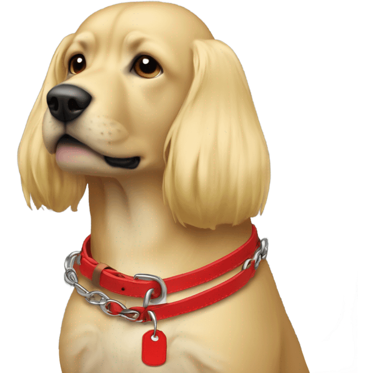 Put a Red leather dog collar and golden tag on a blond white human female with medium length hair and add a red leash connected to the collar emoji