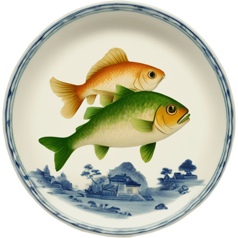 Two fish one above the other but green and beige china dish print emoji